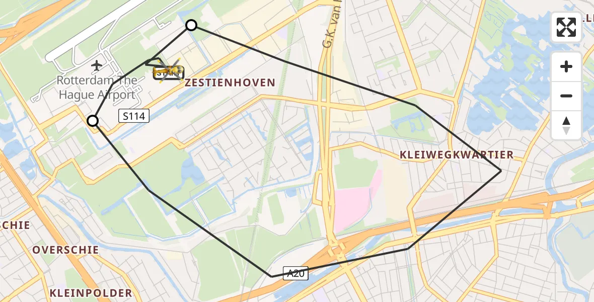 Vluchtroute Traumahelikopter van Rotterdam The Hague Airport naar Rotterdam The Hague Airport