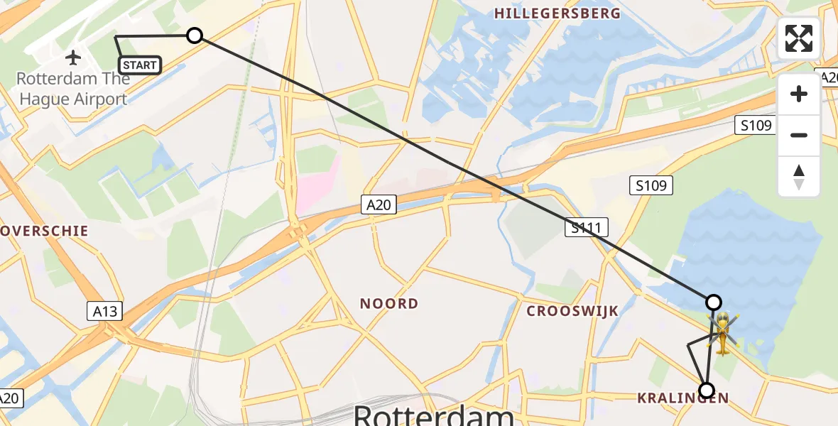 Vluchtroute Traumahelikopter van Rotterdam The Hague Airport naar Rotterdam