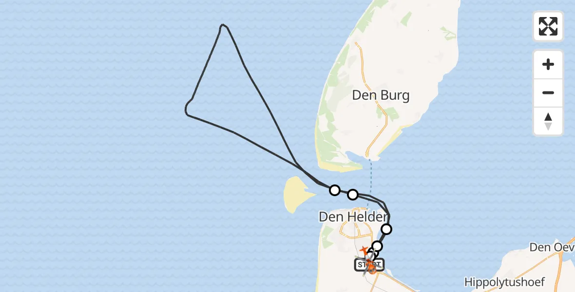 Vluchtroute Kustwachthelikopter van Militair vliegveld De Kooy / Den Helder Airport naar Militair vliegveld De Kooy / Den Helder Airport