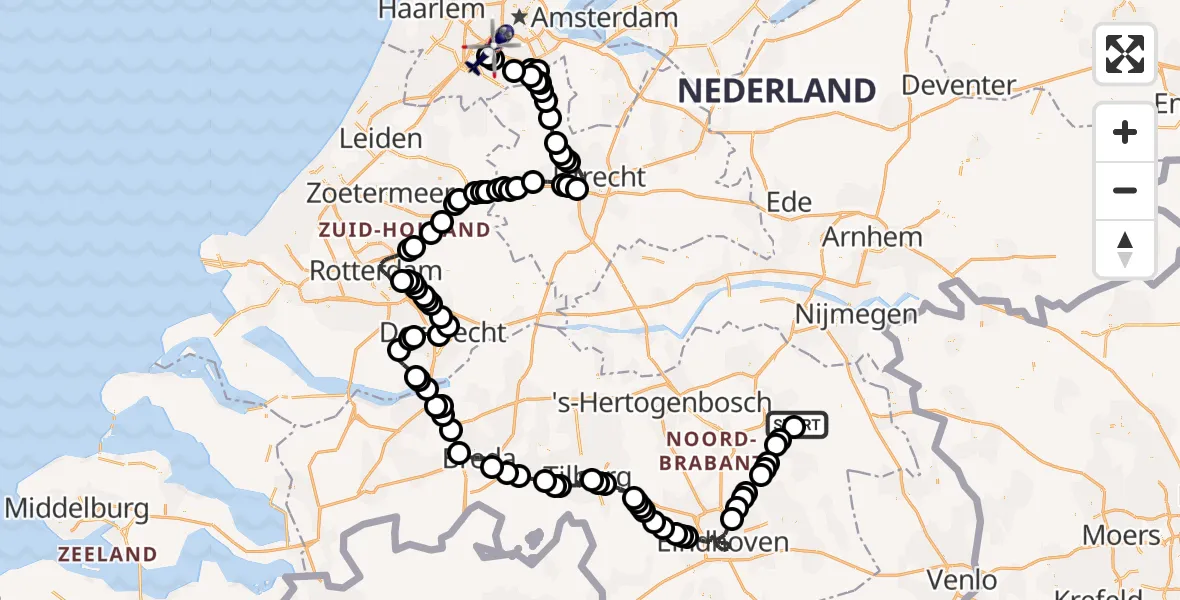 Vluchtroute Politiehelikopter van Vliegbasis Volkel naar Amsterdam Vliegveld Schiphol