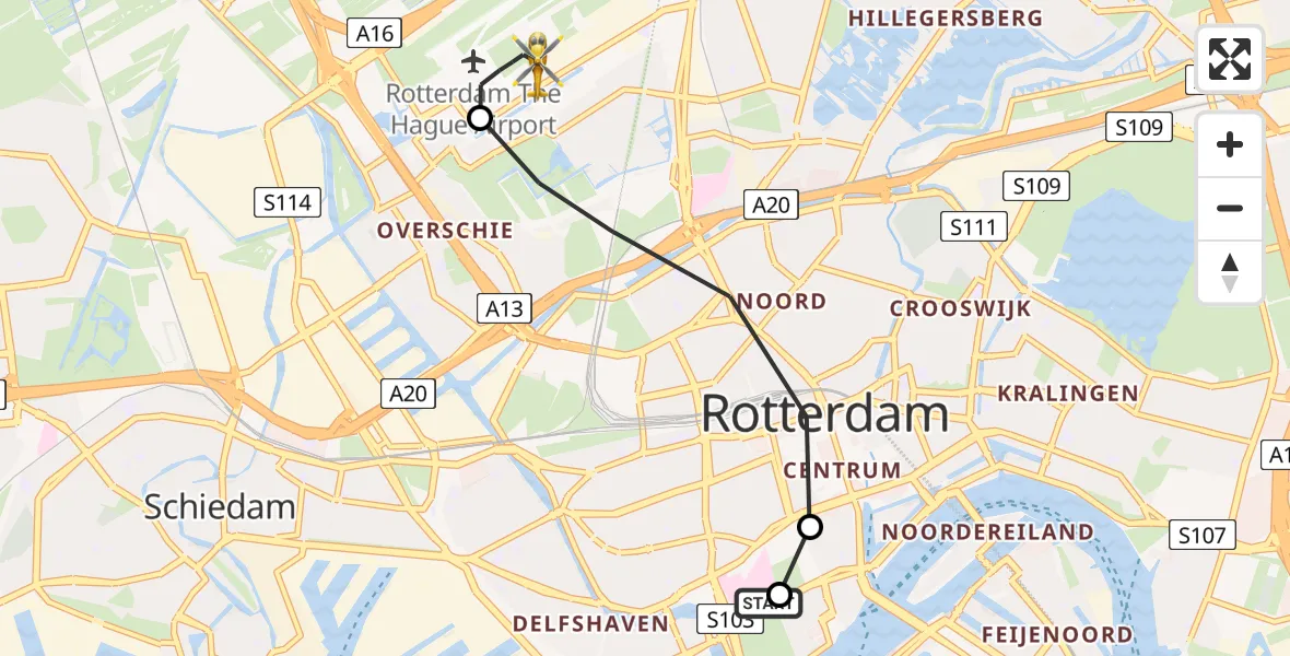 Vluchtroute Traumahelikopter van Erasmus MC naar Rotterdam The Hague Airport