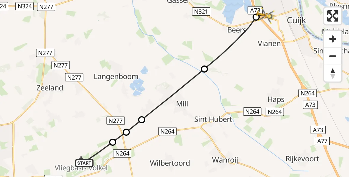 Vluchtroute Traumahelikopter van Vliegbasis Volkel naar Cuijk