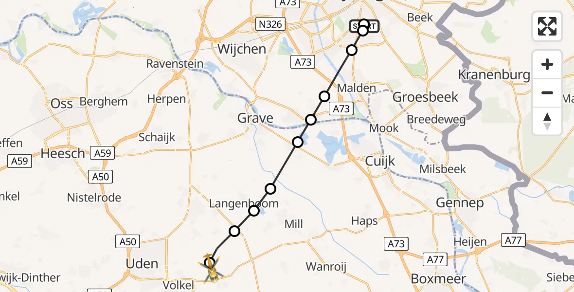 Vluchtroute Traumahelikopter van Radboud Universitair Medisch Centrum naar Vliegbasis Volkel