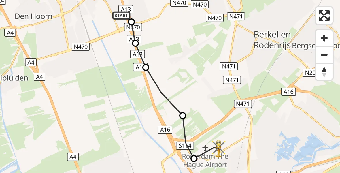 Vluchtroute Traumahelikopter van Delft naar Rotterdam The Hague Airport
