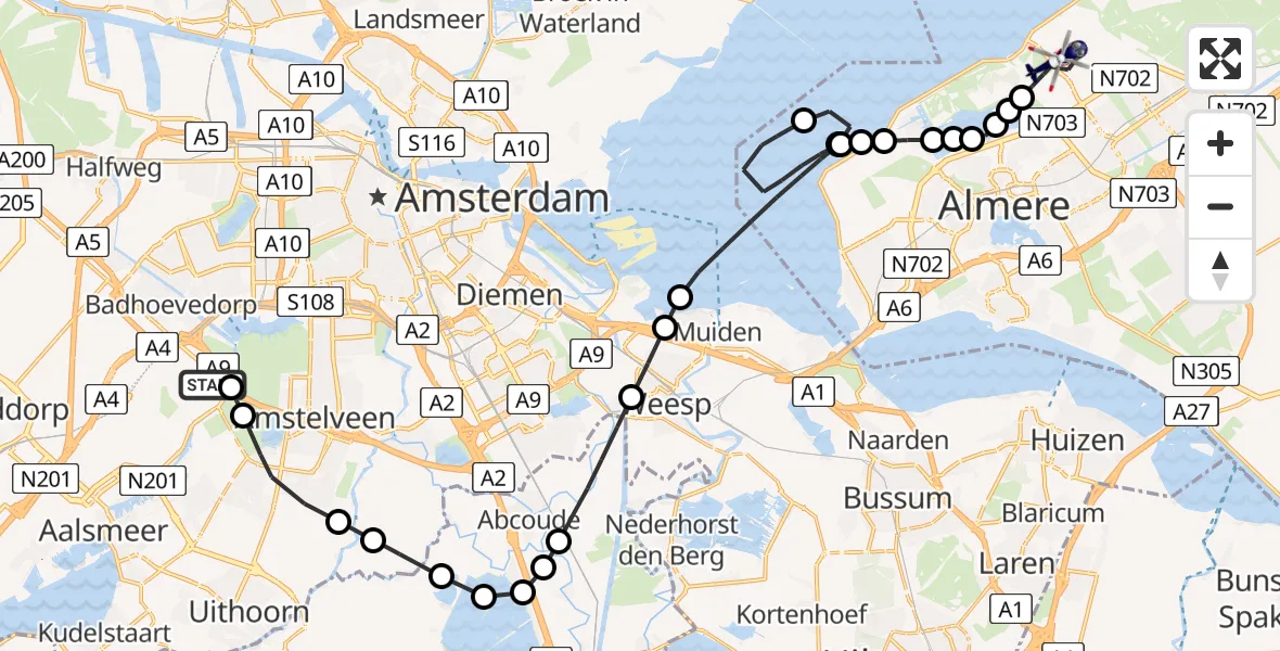 Vluchtroute Politiehelikopter van Amsterdam Vliegveld Schiphol naar Almere