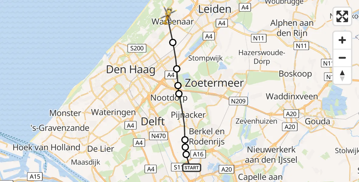 Vluchtroute Traumahelikopter van Rotterdam The Hague Airport naar Wassenaar