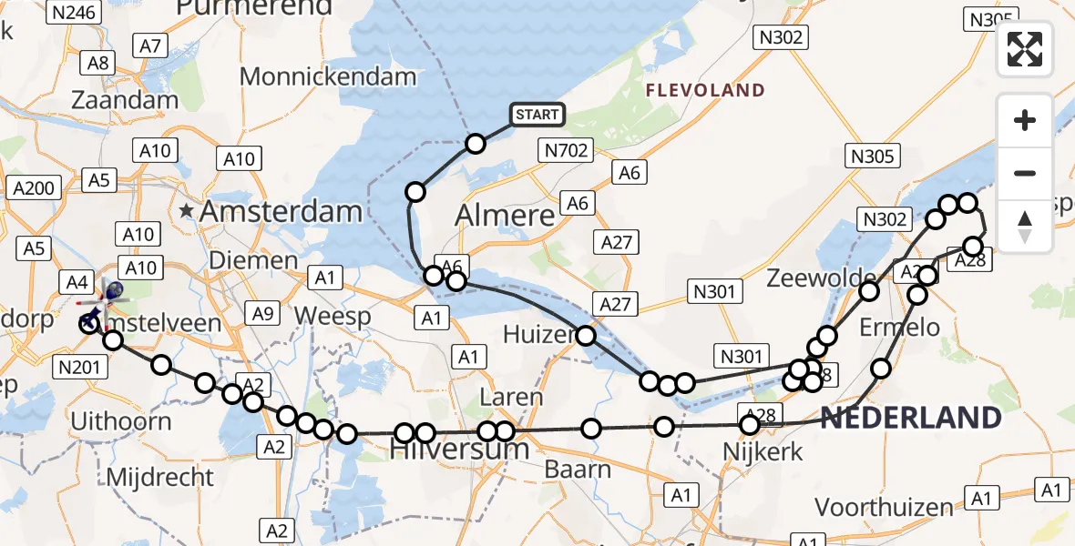 Vluchtroute Politiehelikopter van Markermeer naar Amsterdam Vliegveld Schiphol