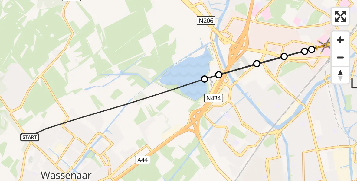Vluchtroute Traumahelikopter van Wassenaar naar Leiden University Medical Center Heliport