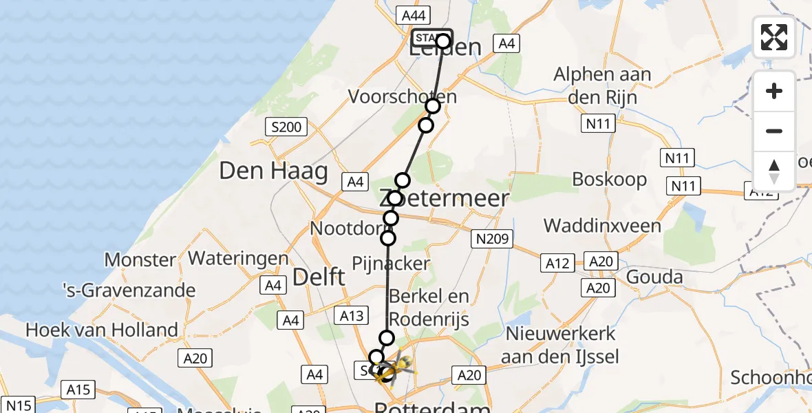 Vluchtroute Traumahelikopter van Leiden University Medical Center Heliport naar Rotterdam The Hague Airport