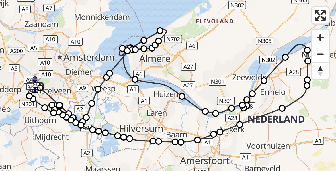 Vluchtroute Politiehelikopter van Amsterdam Vliegveld Schiphol naar Amsterdam Vliegveld Schiphol