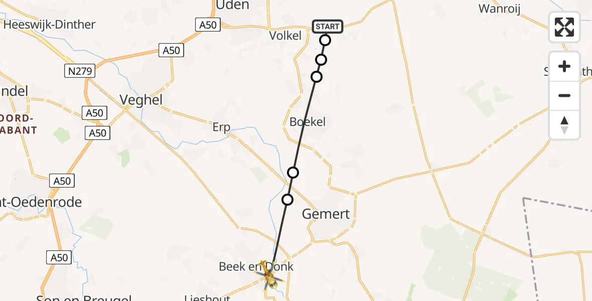Vluchtroute Traumahelikopter van Vliegbasis Volkel naar Beek en Donk