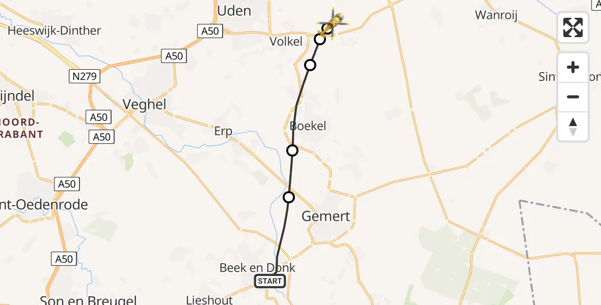 Vluchtroute Traumahelikopter van Beek en Donk naar Vliegbasis Volkel