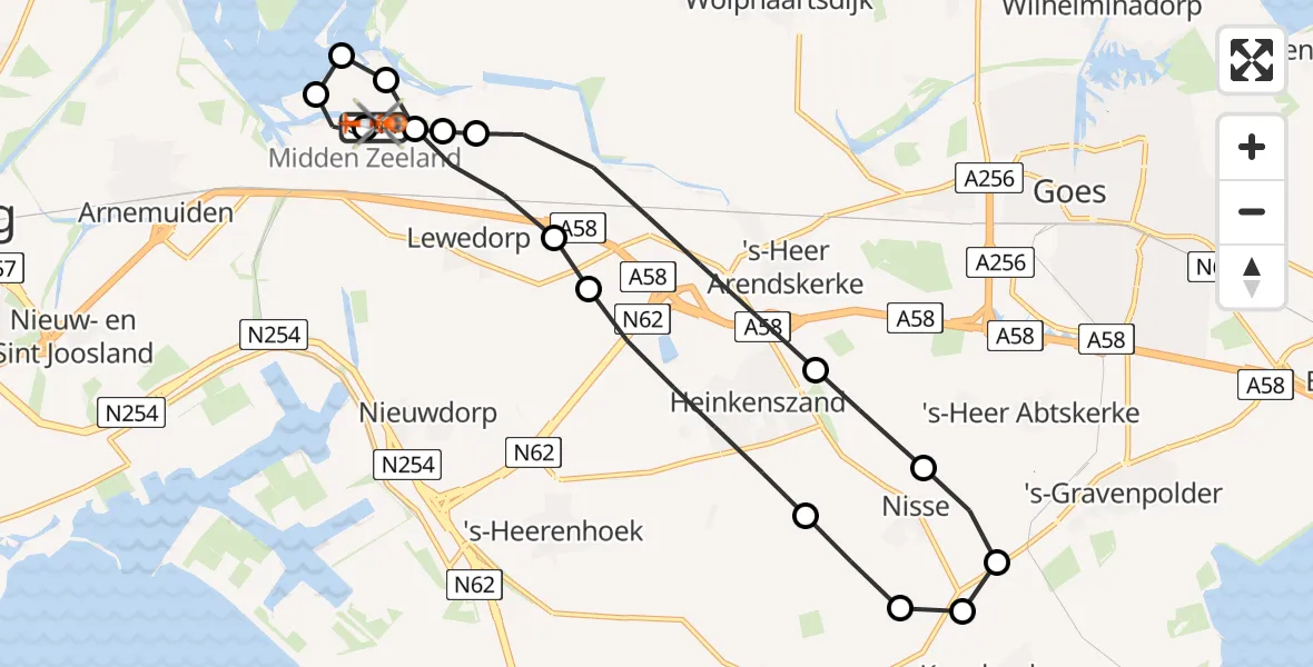 Vluchtroute Kustwachthelikopter van Vliegveld Midden-Zeeland naar Vliegveld Midden-Zeeland