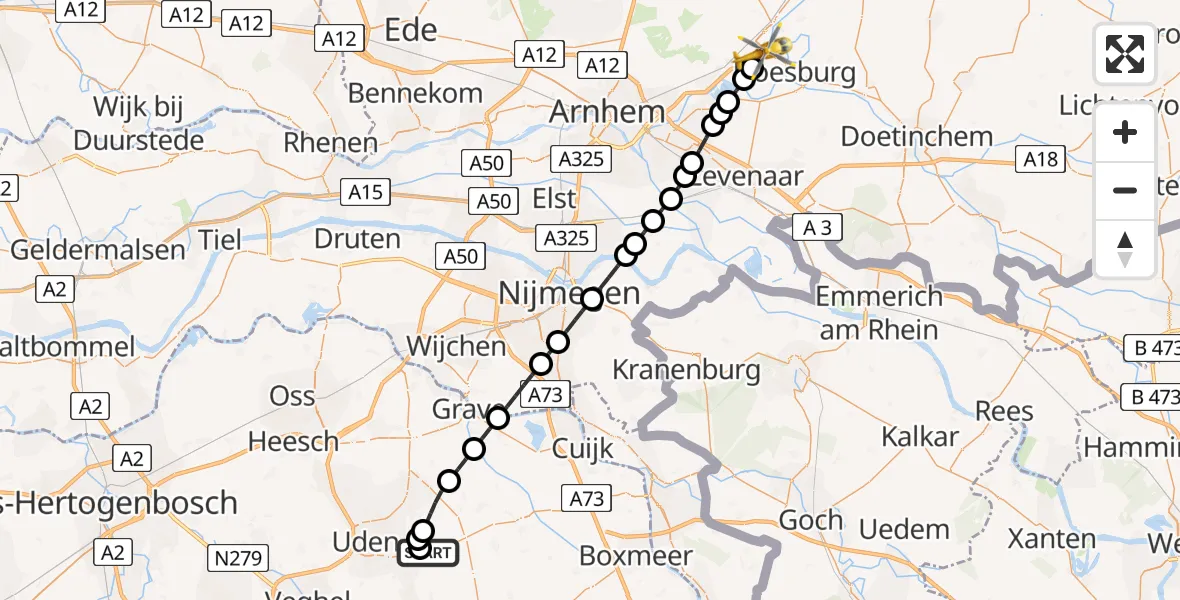 Vluchtroute Traumahelikopter van Vliegbasis Volkel naar Ellecom
