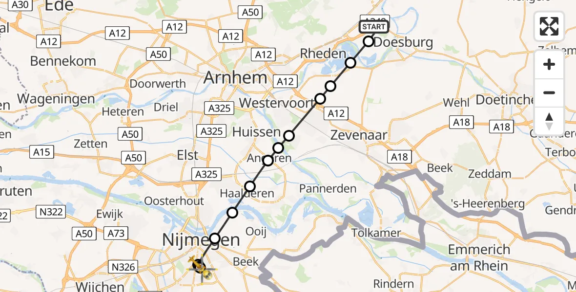 Vluchtroute Traumahelikopter van Ellecom naar Radboud University Medical Center Heliport