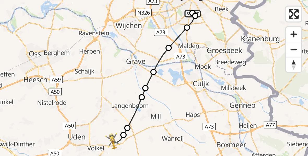 Vluchtroute Traumahelikopter van Radboud Universitair Medisch Centrum naar Vliegbasis Volkel