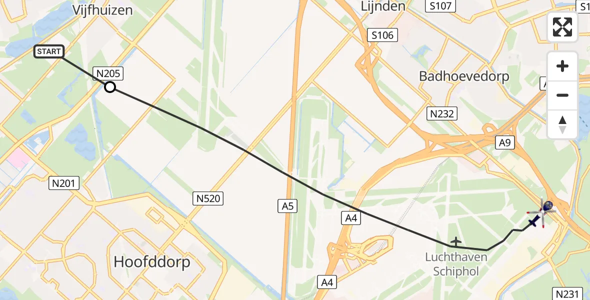 Vluchtroute Politiehelikopter van Vijfhuizen naar Amsterdam Vliegveld Schiphol