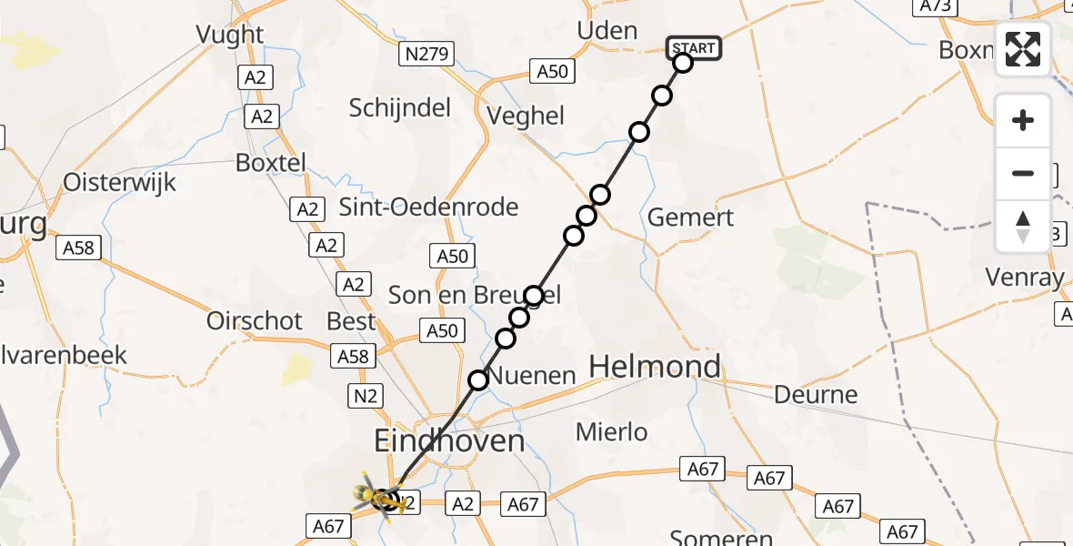 Vluchtroute Traumahelikopter van Vliegbasis Volkel naar Maxima Medisch Centrum Heliport