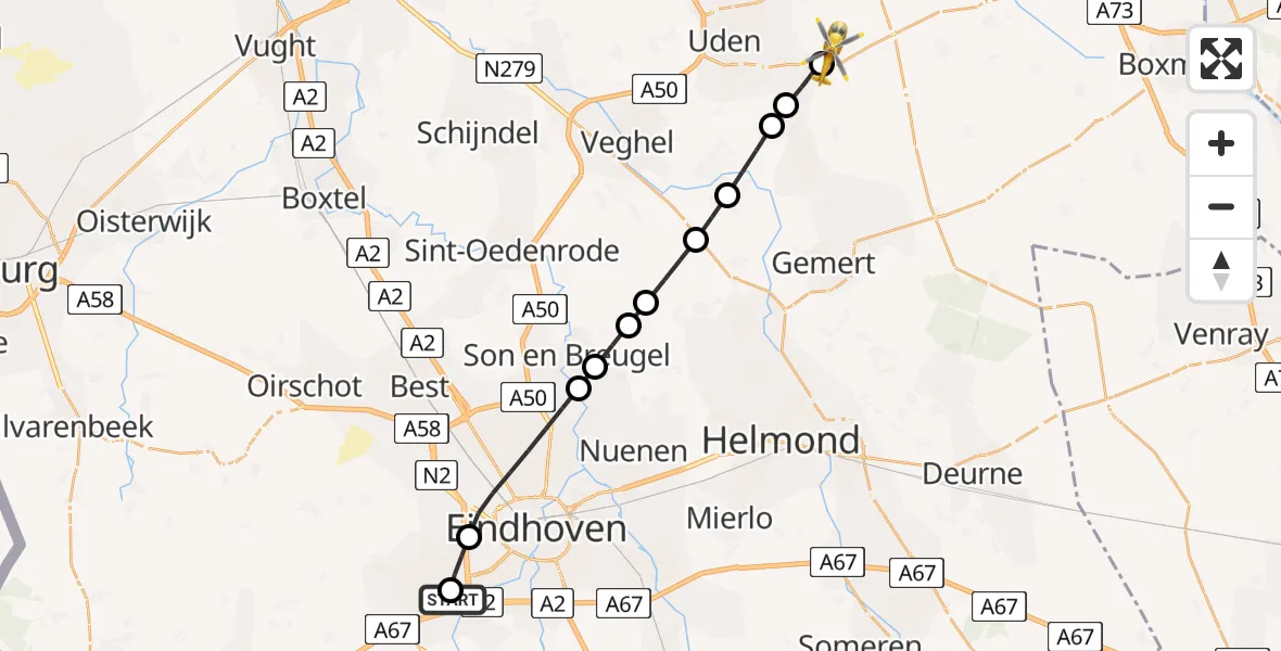 Vluchtroute Traumahelikopter van Maxima Medisch Centrum Heliport naar Vliegbasis Volkel