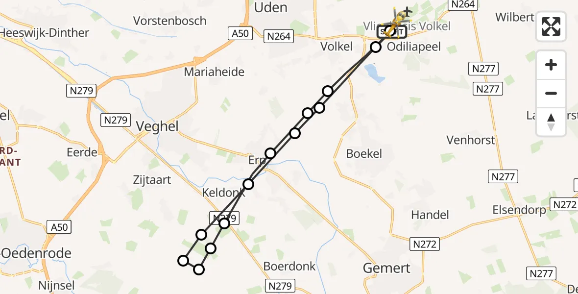 Vluchtroute Traumahelikopter van Vliegbasis Volkel naar Vliegbasis Volkel