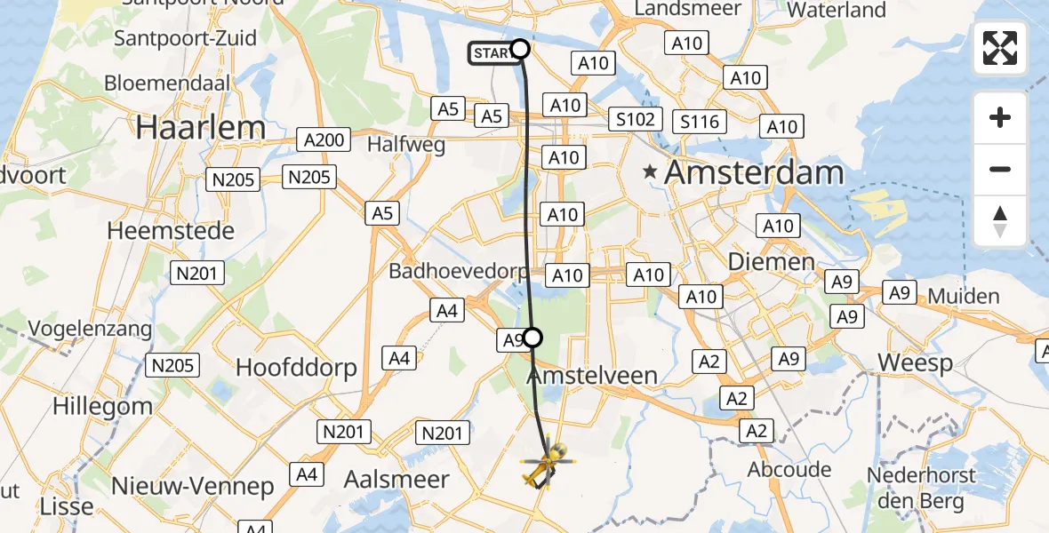 Vluchtroute Traumahelikopter van Amsterdam Heliport naar Amstelveen