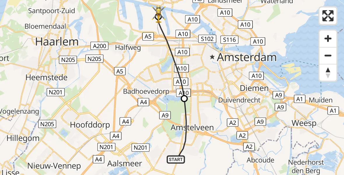 Vluchtroute Traumahelikopter van Amstelveen naar Amsterdam Heliport