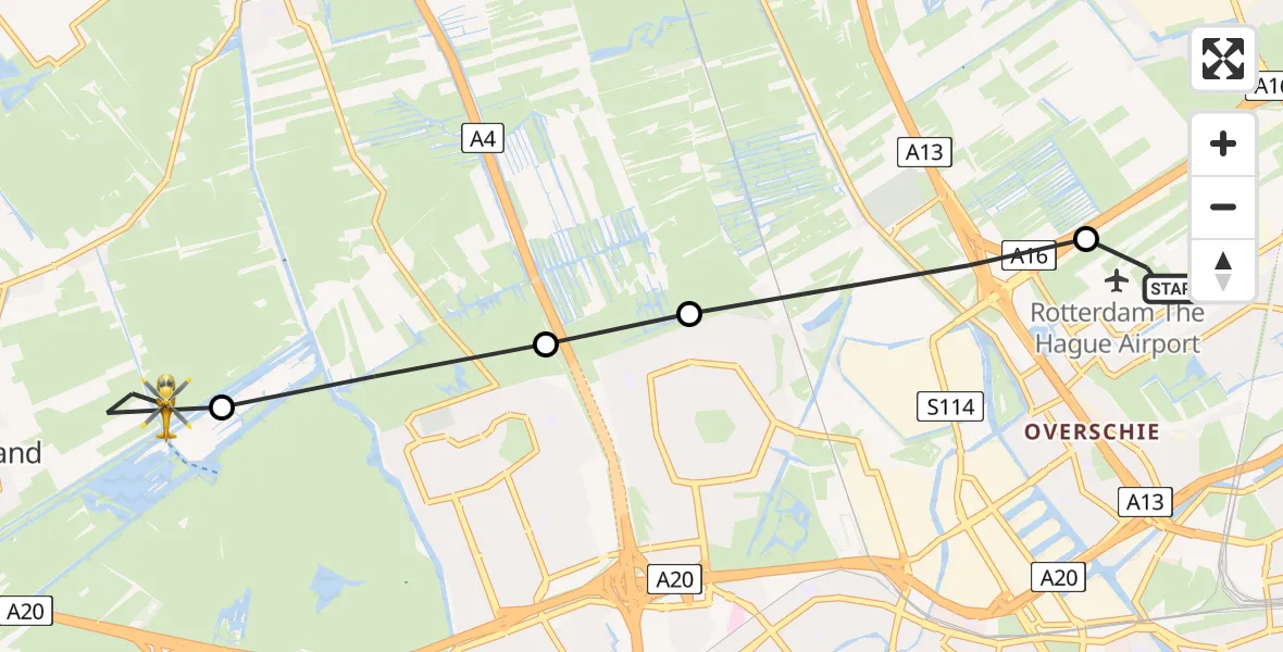 Vluchtroute Traumahelikopter van Rotterdam The Hague Airport naar Maasland