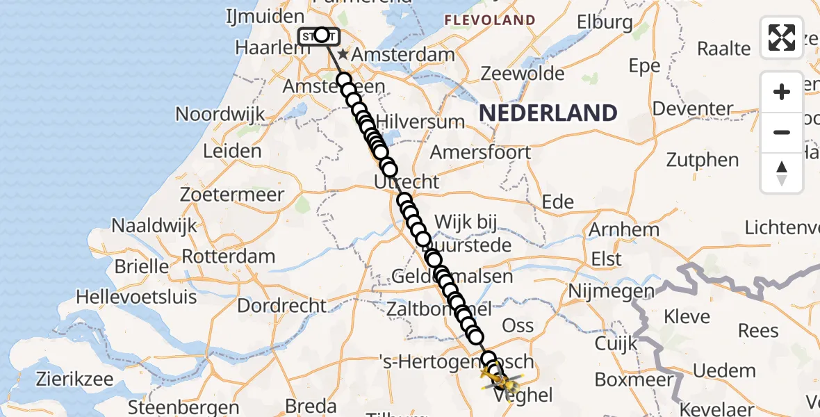 Vluchtroute Traumahelikopter van Amsterdam Heliport naar Heeswijk-Dinther