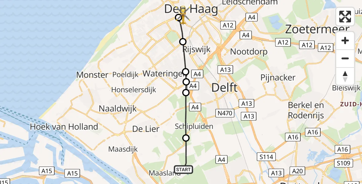 Vluchtroute Traumahelikopter van Maasland naar HMC Westeinde Heliport