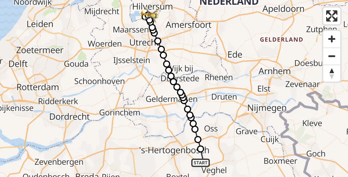 Vluchtroute Traumahelikopter van Heeswijk-Dinther naar Vliegveld Hilversum