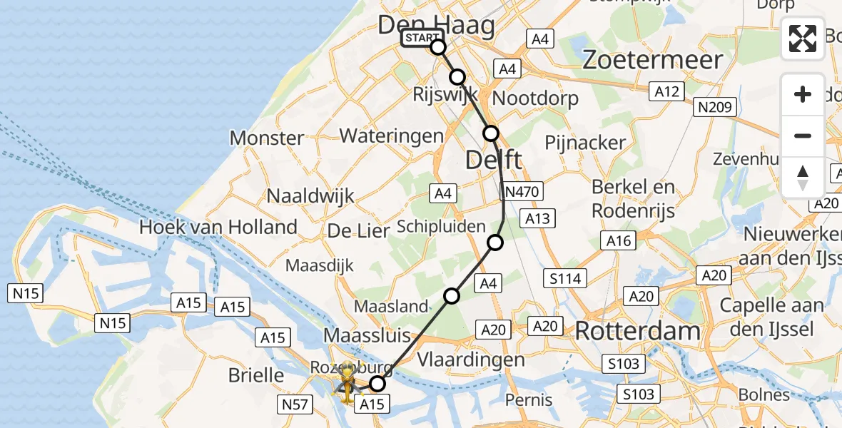 Vluchtroute Traumahelikopter van HMC Westeinde Heliport naar Rotterdam