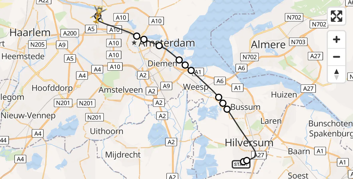 Vluchtroute Traumahelikopter van Vliegveld Hilversum naar Amsterdam Heliport