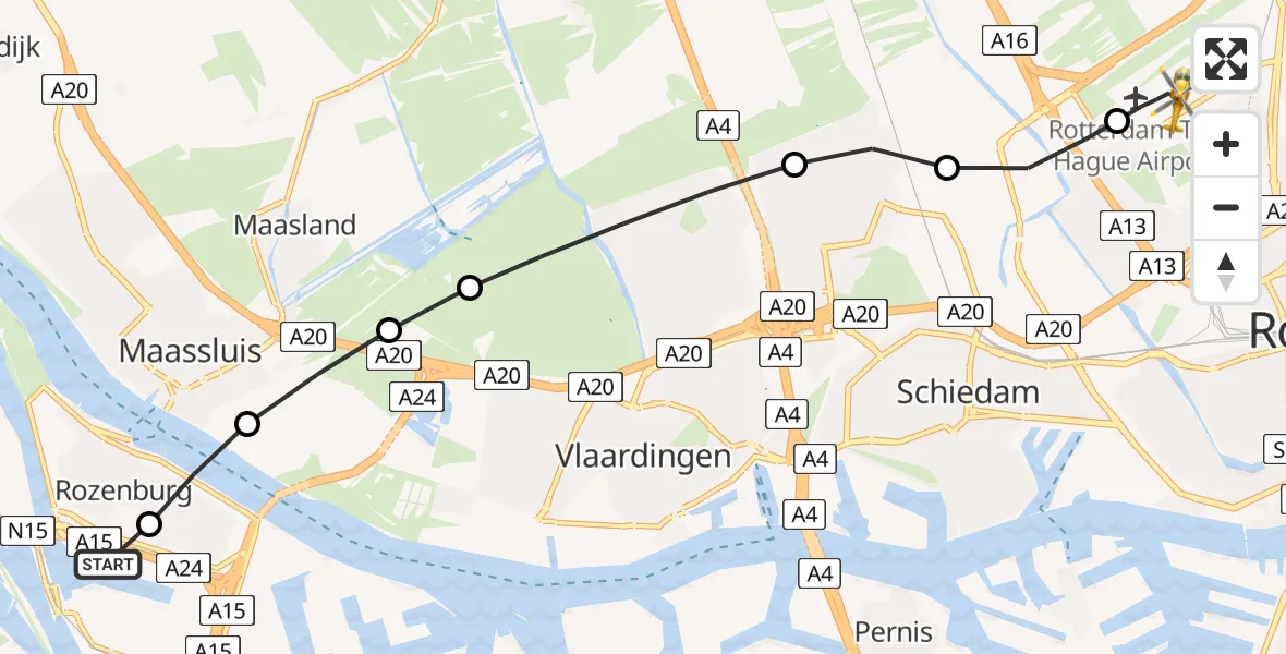 Vluchtroute Traumahelikopter van Rotterdam naar Rotterdam The Hague Airport