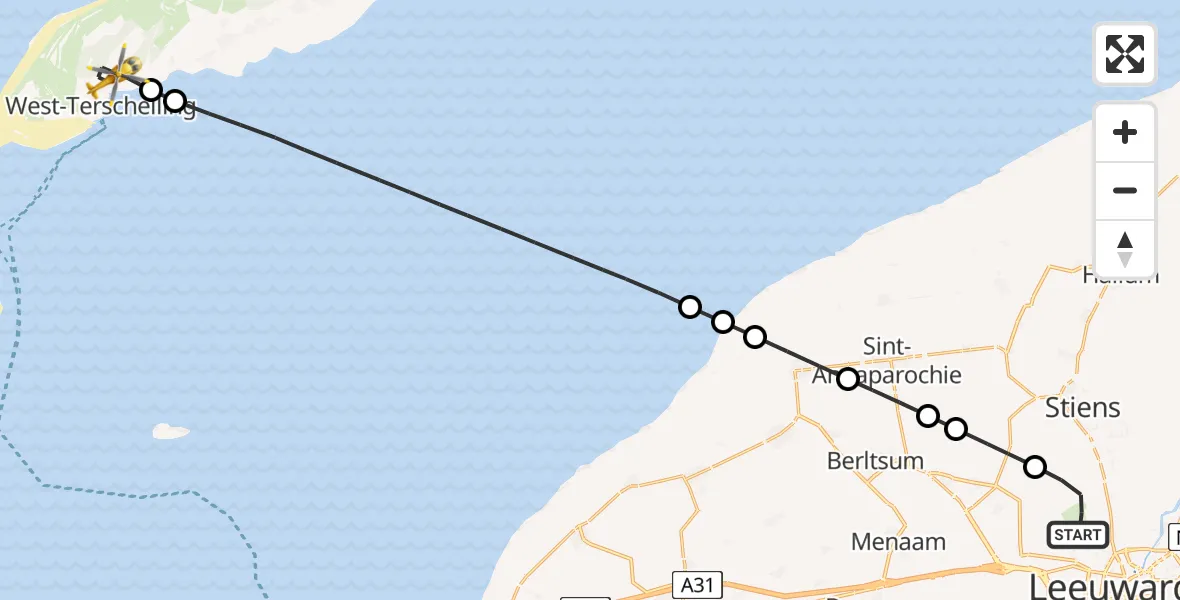 Vluchtroute Ambulancehelikopter van Vliegbasis Leeuwarden naar West-Terschelling