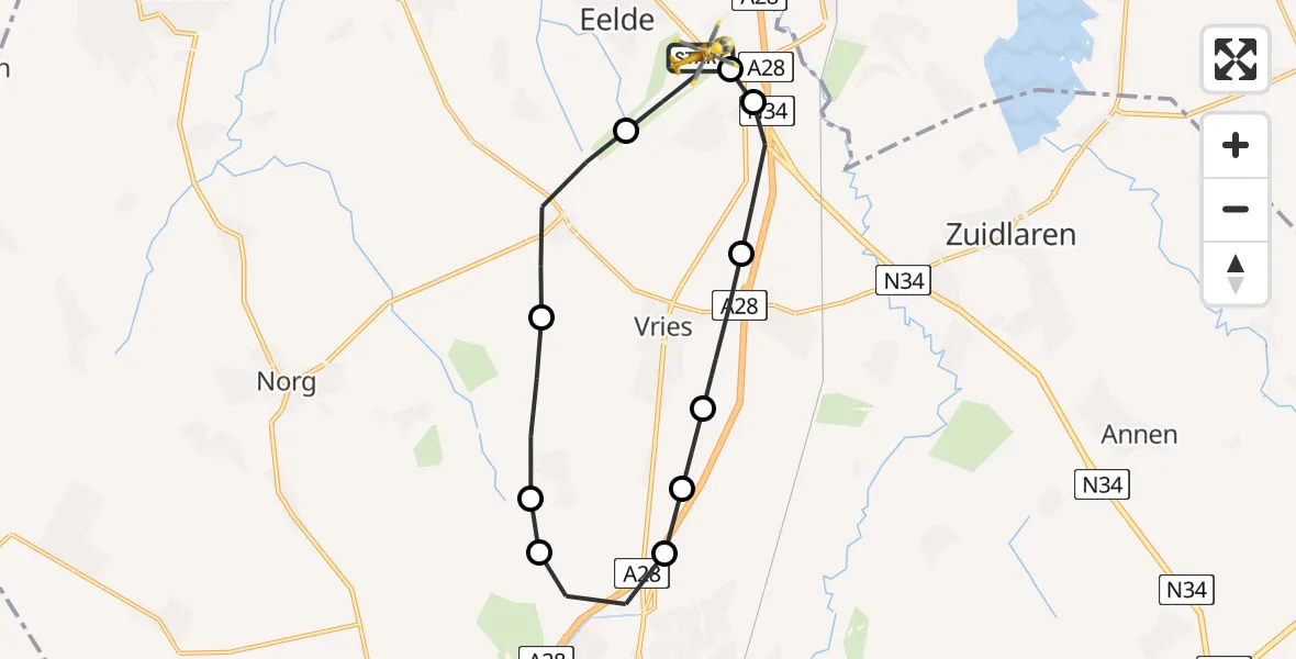 Vluchtroute Traumahelikopter van Groningen Airport Eelde naar Groningen Airport Eelde