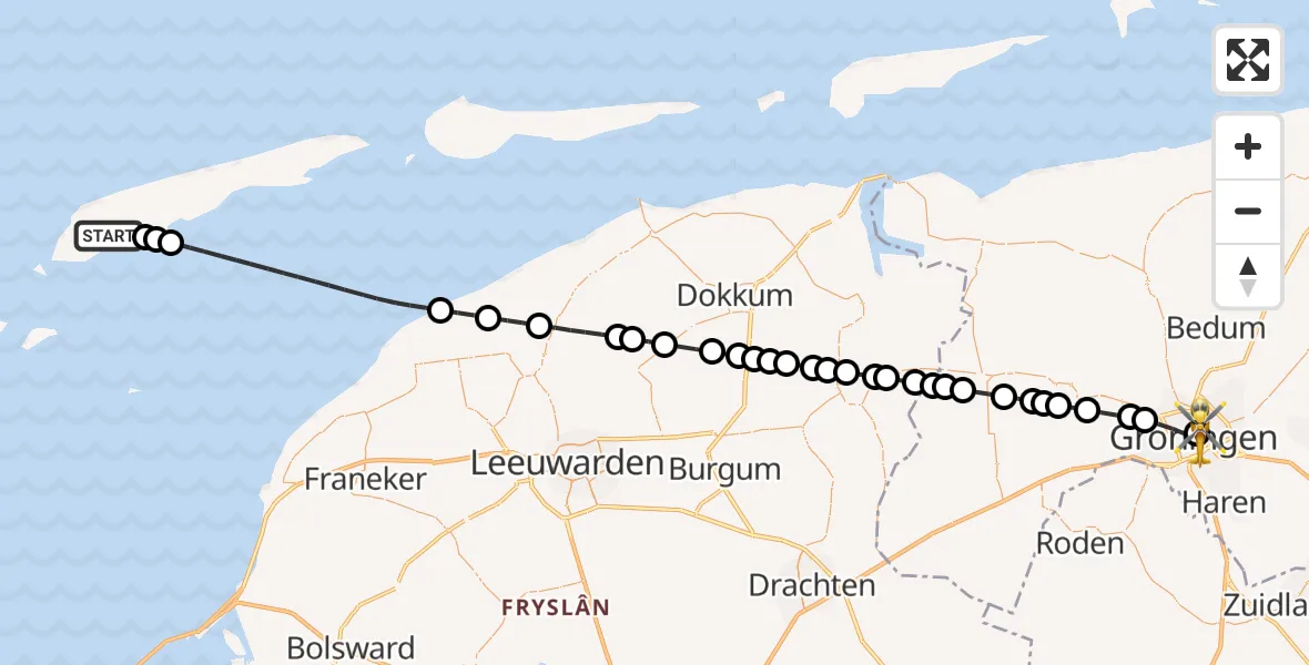 Vluchtroute Ambulancehelikopter van West-Terschelling naar Universitair Medisch Centrum Groningen