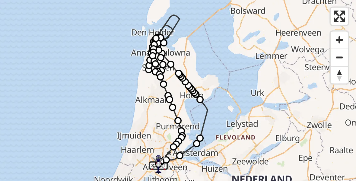 Vluchtroute Politiehelikopter van Amsterdam Vliegveld Schiphol naar Amsterdam Vliegveld Schiphol