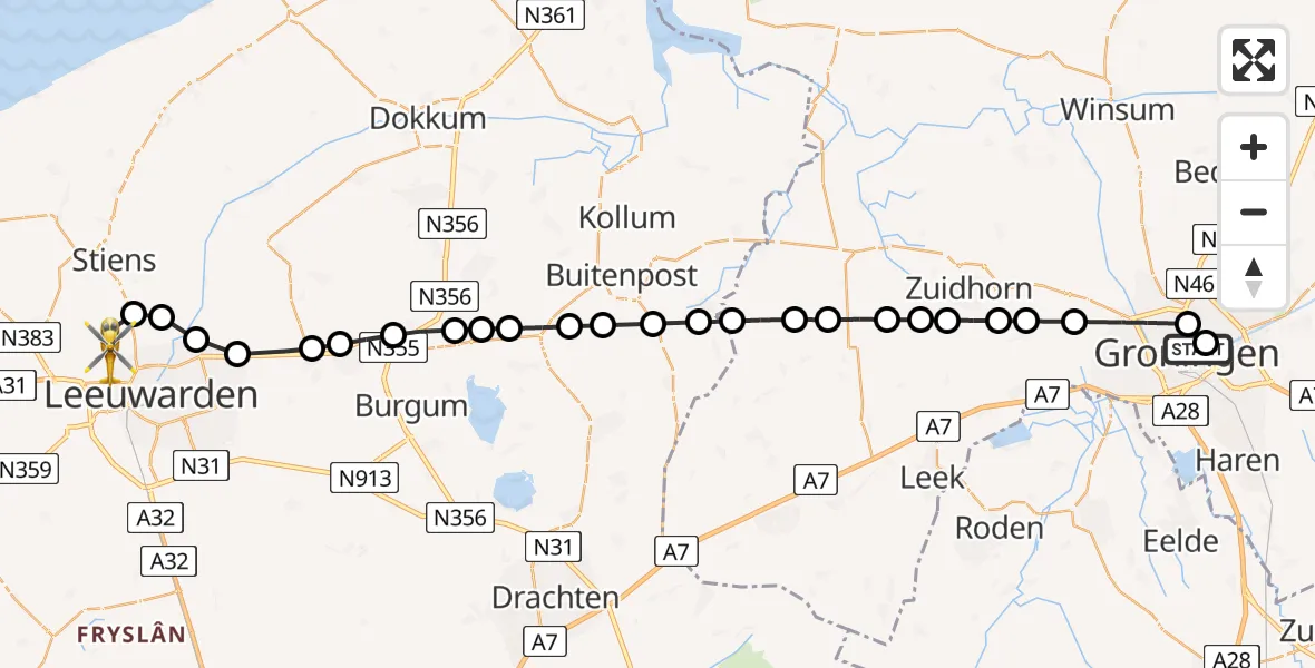 Routekaart van de vlucht: Ambulancehelikopter naar Vliegbasis Leeuwarden