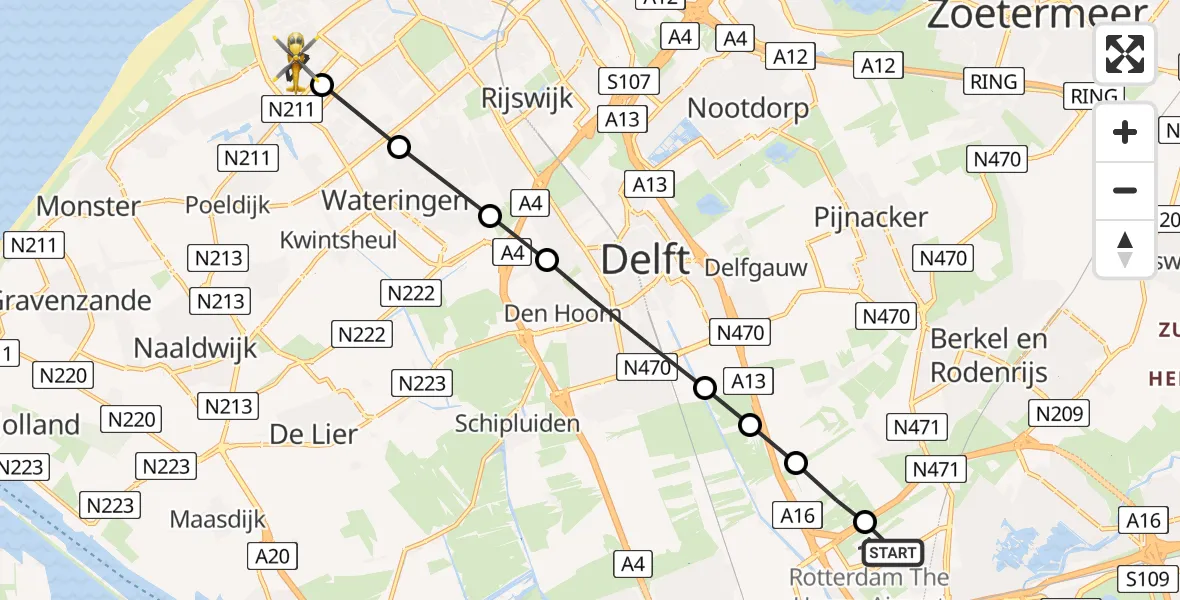 Vluchtroute Traumahelikopter van Rotterdam The Hague Airport naar Den Haag