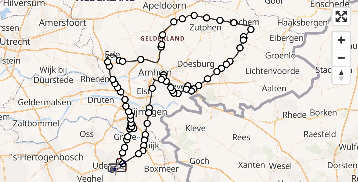 Vluchtroute Politiehelikopter van Vliegbasis Volkel naar Vliegbasis Volkel