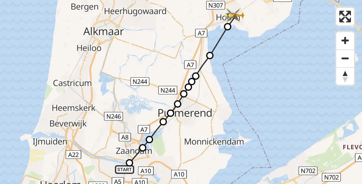 Vluchtroute Traumahelikopter van Amsterdam Heliport naar Hoorn