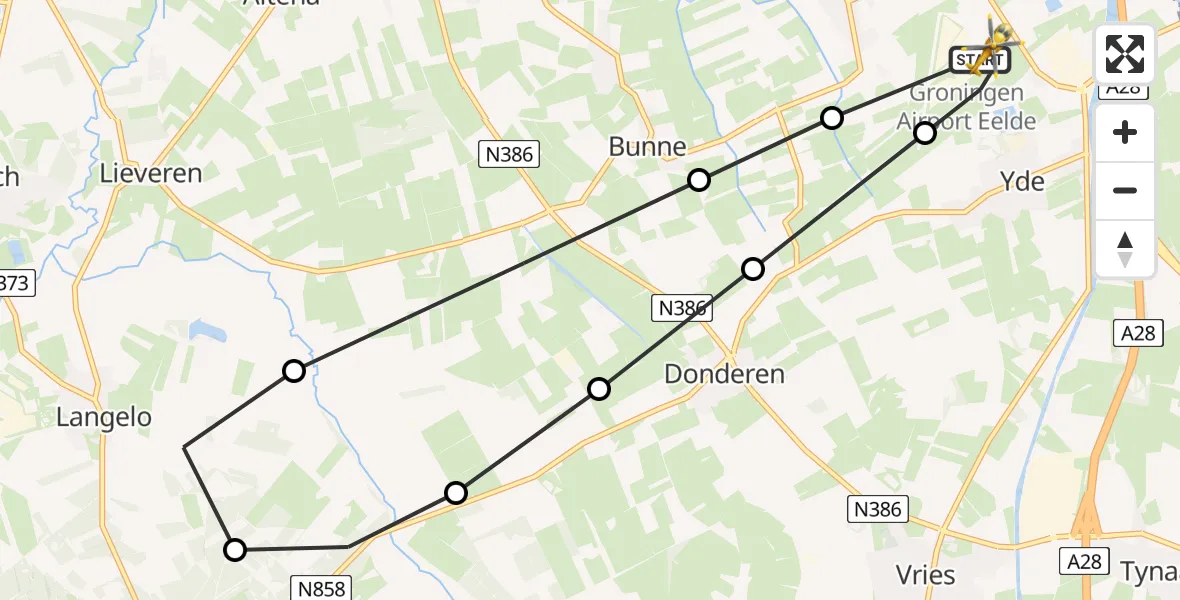 Vluchtroute Traumahelikopter van Groningen Airport Eelde naar Groningen Airport Eelde