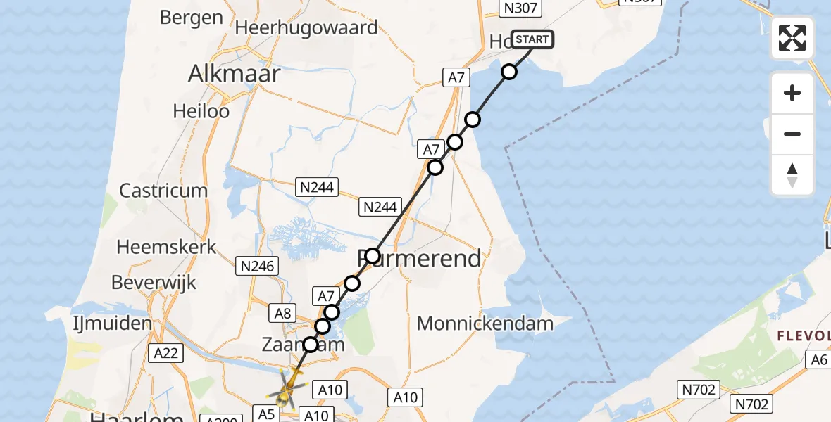 Vluchtroute Traumahelikopter van Hoorn naar Amsterdam