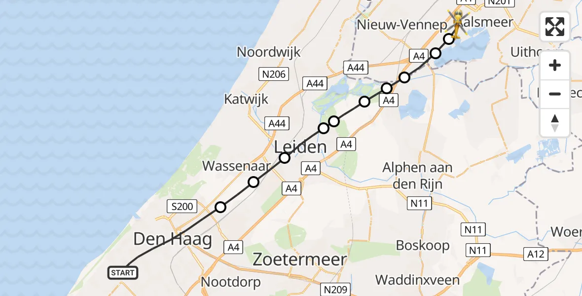 Vluchtroute Traumahelikopter van Den Haag naar Rijsenhout