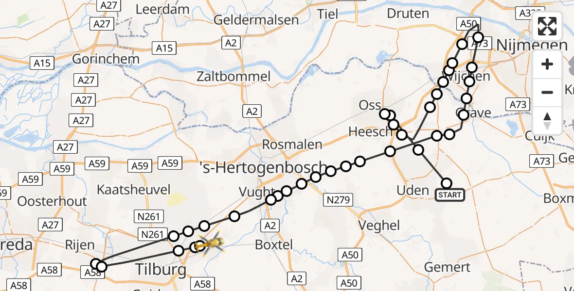 Vluchtroute Traumahelikopter van Vliegbasis Volkel naar Oisterwijk