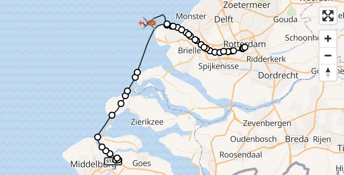 Vluchtroute Kustwachthelikopter van Vliegveld Midden-Zeeland naar Noordzee