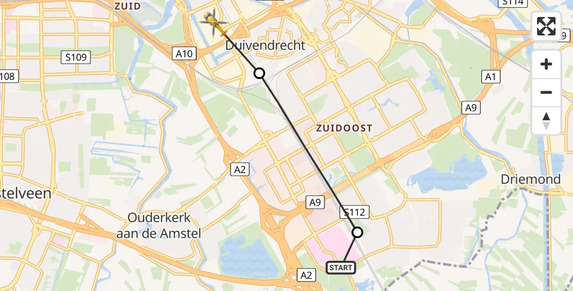 Vluchtroute Traumahelikopter van Amsterdam UMC Helipad naar Amsterdam