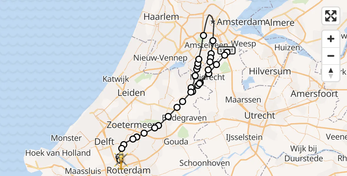 Vluchtroute Traumahelikopter van Amsterdam UMC Helipad naar Rotterdam The Hague Airport