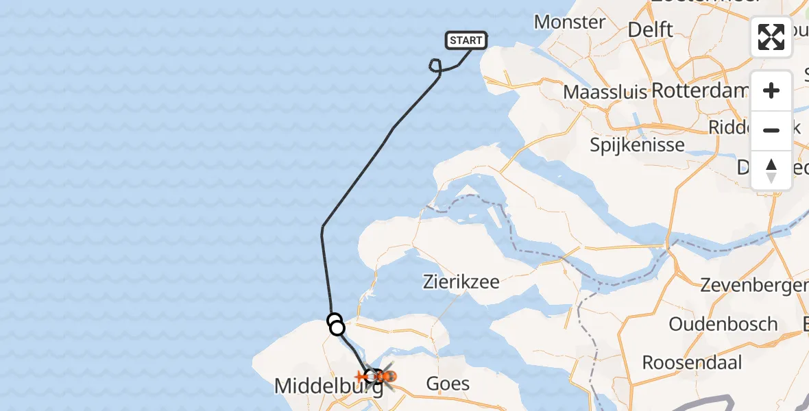 Vluchtroute Kustwachthelikopter van Noordzee naar Arnemuiden