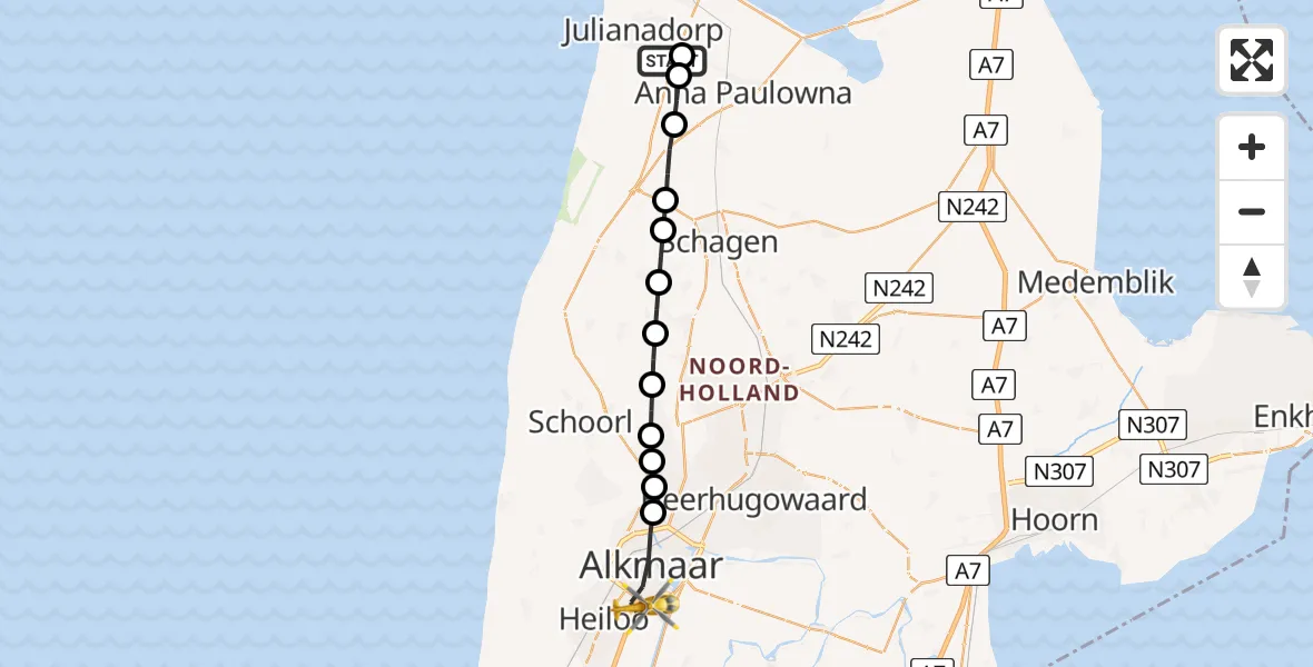 Vluchtroute Traumahelikopter van Callantsoog naar Alkmaar
